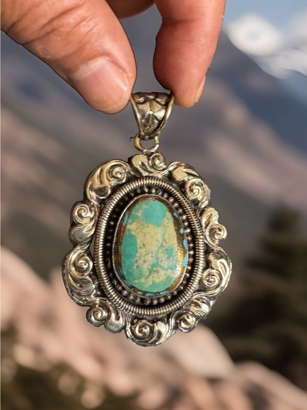 Handcrafted Copper Turquoise Pendant Auspicious Floral Carving Set in Silver 28g